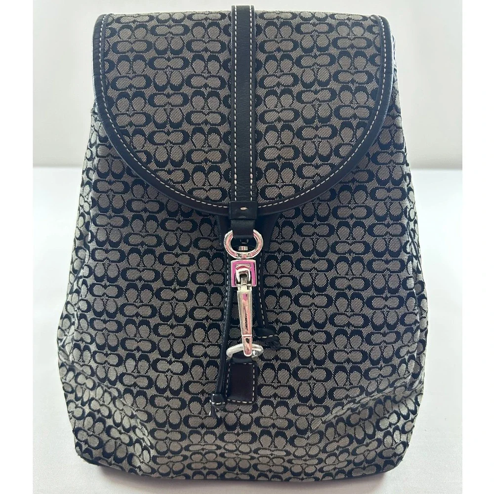 Coach Vintage Signature C Jacquard Backpack Black Leather Y2K Drawstring